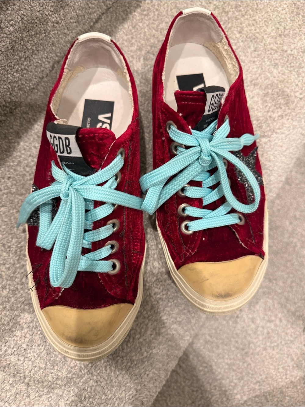 Golden Goose Style Velvet Red Sneakers with Aqua Laces size 37
